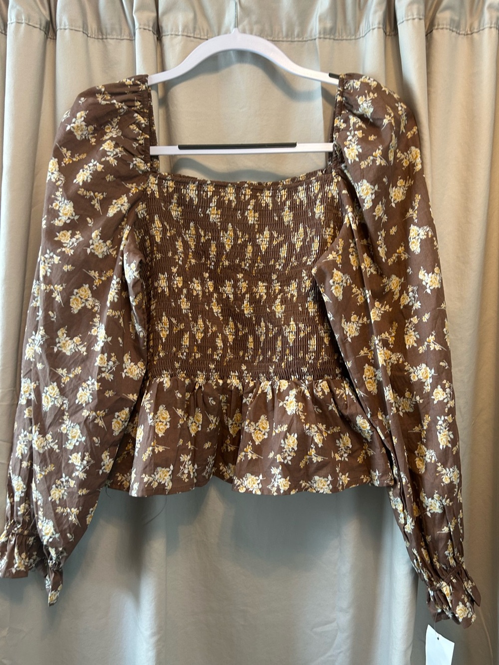 Dizzy Lizzy Floral Smocked Peplum Blouse - Brown/Yellow